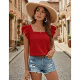 Blusa de color amarillo con textura fruncida, cuello cuadrado y mangas cortas con volados.