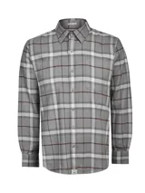 Camisa de franela a cuadros de algodón orgánico color gris, con dos bolsillos frontales, cierre de botones y cuello camisero.