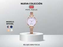 Reloj de pulsera Mini Focus para mujer, con caja redonda dorada y malla metálica delgada.