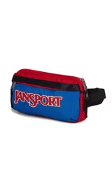 Riñonera JanSport Washington Waistpack, color azul con detalles en rojo y negro. Logo de la marca estampado en el frente.