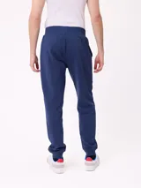Babucha jogger color gris oscuro, con cintura elástica ajustable con cordón, bolsillos laterales y puños elásticos en los tobillos. Presenta un logo estampado en el muslo izquierdo.