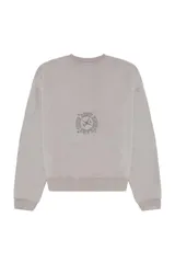 Buzo de cuello redondo y manga larga en color gris claro. Presenta un estampado frontal con tipografía estilo universitario y un diseño gráfico central. Cuenta con puños y cintura acanalados.