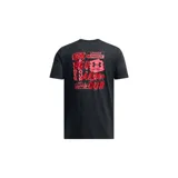 Remera de manga corta Under Armour, color negro, con cuello redondo acanalado y estampado gráfico en el pecho en tonos rojizos.