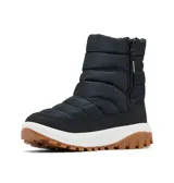 Bota de nieve Columbia modelo Snowtrot Mid, color negro, con diseño acolchado, entresuela blanca y suela de goma dentada color caramelo. Cuenta con tecnología de aislamiento térmico y forro interior para mayor calidez.