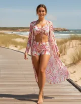 Conjunto de traje de baño de tres piezas con estampado de hojas tropicales en tonos blanco y negro. Incluye un top tipo tankini con cordón ajustable en el centro, un short de tiro alto y una camisa abierta de manga larga tipo salida de baño.