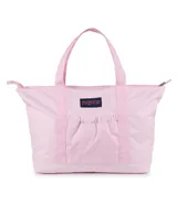 Bolso tipo tote Daily Tote de JanSport, color rosado, con asas dobles de hombro, cierre superior y bolsillo frontal con fruncido elástico. Incluye parche con el logo de la marca en la parte delantera.