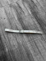 Cinto plateado con hebilla cuadrada metálica.