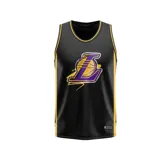 Musculosa de básquet negra con cuello y sisas en amarillo. Estampado frontal con el logo de Los Angeles Lakers en amarillo y violeta.