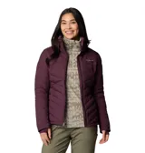 Campera Columbia Joy Peak II con tecnología Omni-Heat Infinity, aislamiento sintético Thermator y acabado repelente Omni-Shield. Presenta diseño acolchado, cuello alto forrado en felpa, cierre frontal completo, bolsillos laterales con cierre y puños con orificio para pulgar.