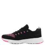 Championes deportivos Push modelo Lucy, color negro con detalles en fucsia y suela blanca. Presentan un diseño de malla transpirable con refuerzos laterales y cierre mediante cordones.