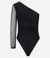 Body de hombro único con diseño ajustado y fruncidos laterales. Presenta una manga larga confeccionada en tul transparente y cuerpo forrado, aportando un estilo moderno y sofisticado.