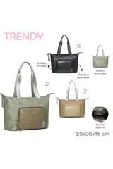 Bolso shopper color verde con bolsillo frontal marrón con cierre.