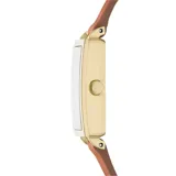 Reloj Skagen modelo Hagen Micro con caja rectangular dorada y esfera blanca. Correa de cuero marrón. Resistencia al agua 3 ATM.