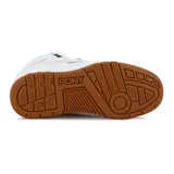 Zapatillas urbanas de caña alta Pony M100 para mujer, en color blanco con detalles dorados y suela de goma marrón.