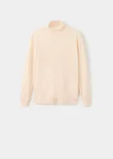 Jersey de punto fino color beige, con cuello alto y mangas largas de diseño recto.
