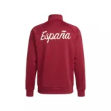 Campera deportiva Adidas de la selección de España, color rojo bordó con las clásicas tres tiras blancas en las mangas, cuello alto y cierre frontal completo. Presenta el logo de Adidas Originals y el escudo de la selección bordados en el pecho.