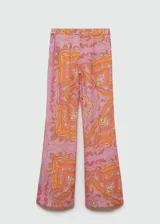 Pantalon de tiro medio con diseño acampanado y corte flare, confeccionado en tejido mezcla de lyocell y lino con estampado paisley en tonos naranja y rosado. Cuenta con cierre oculto de botón, gancho y cremallera, y bolsillos delanteros.