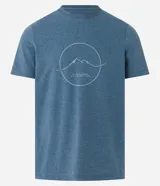 Remera azul de manga corta con cuello redondo y estampa de un círculo con una montaña en el centro.