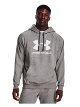 Buzo Under Armour gris melange con capucha y cordones ajustables, logo estampado en el pecho y bolsillo tipo canguro.