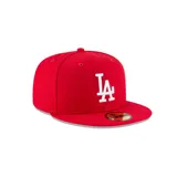 Gorro New Era 59Fifty rojo con logo de los Dodgers bordado en blanco al frente.
