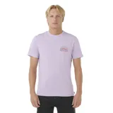 Remera lila de manga corta con estampado del logo de la marca y un sol naciente.