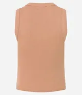 Top cropped musculosa de mujer, color marrón oscuro, confeccionado en tejido ribana acanalado, con cuello redondo y sin mangas.