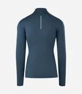 Remera deportiva de manga larga con cuello alto y cierre frontal parcial. Presenta una textura acanalada en toda la prenda y detalles reflectivos en los hombros.