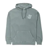 Canguro Katin modelo Memories, color verde desgastado, con capucha ajustable con cordón, bolsillo tipo canguro y pequeño estampado blanco en el pecho con diseño de palmeras y logotipo.