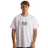 Remera blanca de manga corta con estampa centrada en el pecho con el texto "Rivvia Projects" en azul y cinco estrellas debajo.