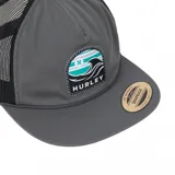 Gorro tipo trucker de la marca Hurley, color marrón con malla beige en la parte trasera. Presenta un parche frontal bordado con el logo de Hurley y un diseño de olas y atardecer en tonos naranja y blanco.