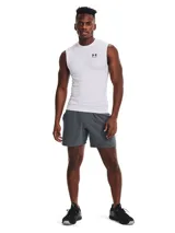 Musculosa térmica Under Armour HeatGear Armour Compression de color blanco, sin mangas y con diseño de compresión. Presenta cuello redondo y el logotipo de la marca estampado en negro en el pecho.