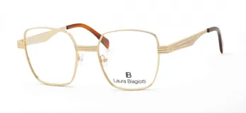 Armazón de anteojos Laura Biagiotti modelo 82, de diseño geométrico con marco metálico en color dorado y terminales de acetato en tono carey.