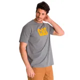Remera de manga corta color gris jaspeado con logo de la marca CAT estampado en color amarillo en el pecho.