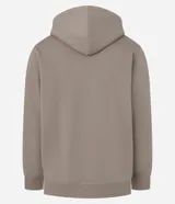 Hoodie con cierre frontal, capucha con cordón ajustable y bolsillos canguro. Presenta un estampado circular de letras en el pecho.