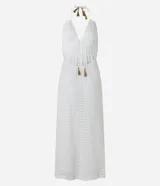 Vestido midi blanco de encaje con escote en V, espalda abierta y lazos traseros.