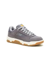 Championes Caterpillar modelo Theorem para hombre, en color gris con detalles en amarillo y suela de goma con base blanca.