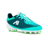 Championes de fútbol Austral modelo Blast, color verde aguamarina con detalles en azul oscuro y blanco. Presentan suela con tapones para césped y cierre con cordones.