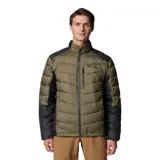Campera puffer Columbia modelo Labyrinth Loop II, de color verde militar con inserciones y mangas negras, cuello alto, cierre frontal y bolsillos con cremallera.