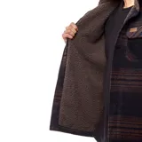 Campera de hombre con cuello de piel sintética, cierre con botones a presión, dos bolsillos de parche en el pecho y diseño a rayas horizontales en tonos azul y marrón.
