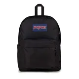 Mochila Jansport negra con logo rectangular rojo y blanco.