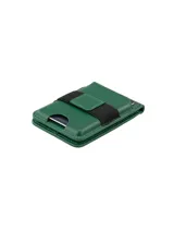 Billetera y soporte MagSafe de cuero genuino verde, con banda elástica negra central, diseñada para acoplarse al teléfono y almacenar tarjetas.