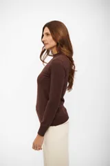 Polera de tejido fino color marrón oscuro, con cuello simulado (mock neck) y manga larga.