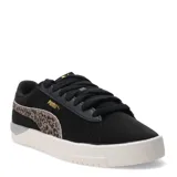 Championes urbanos Puma Jada Classic, color negro con detalles en animal print en el lateral. Presentan una silueta inspirada en el tenis con suela de goma blanca y logo Puma en dorado.