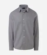 Camisa de manga larga Marfinno para hombre, con diseño de finas rayas verticales en color negro y blanco, corte regular, cuello camisero y cierre frontal de botones.
