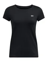 Remera deportiva Under Armour de manga corta, confeccionada en tejido técnico transpirable con tecnología HeatGear para absorción de sudor. Presenta un diseño ajustado con cuello redondo y el logo de la marca estampado en el pecho.