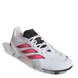 Championes de fútbol Adidas Predator League FG, color blanco con las clásicas tres tiras en fucsia y detalles en negro. Diseñados con capellada sintética texturizada y suela con tapones para terreno firme.