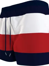 Short de baño con diseño de bloques de color horizontal en azul marino, blanco y rojo. Cuenta con cintura elástica con cordón ajustable y forro interior.