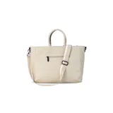 Cartera de formato amplio y estructurado, color marrón, con doble asa de mano y correa larga desmontable y regulable que permite llevarla al hombro o cruzada. Cuenta con cierre superior y aplique decorativo en el frente.