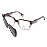 Anteojos de receta con armazón de acetato en tono carey rosado y nude, con diseño rectangular. Incluye un clip-on magnético de sol en color negro para convertir los lentes de lectura en anteojos de sol.