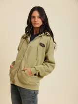 Canguro gris oscuro con efecto "rusty" o desgastado, con capucha, cierre frontal y bolsillos tipo canguro.